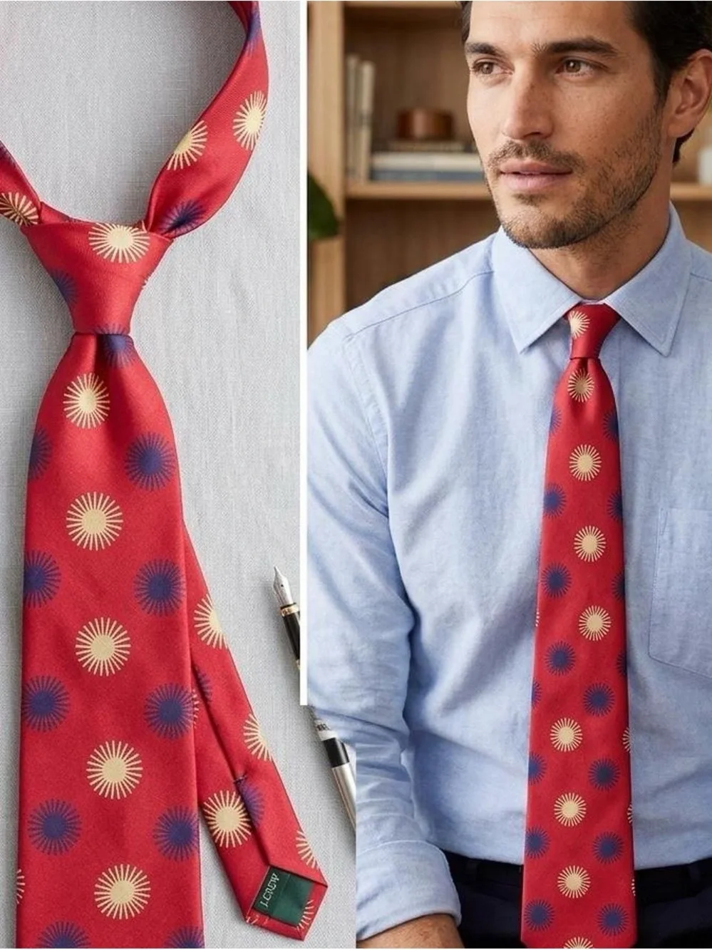 J. Crew Red Silk Tie with Cream and Blue Starburst Motif